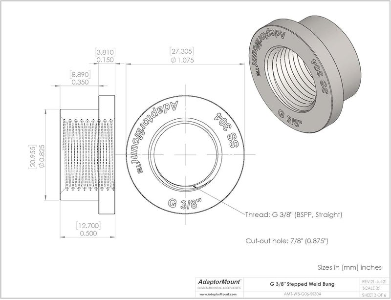 AdaptorMount G 3/8" (BSPP) Stainless Steel 304 Female Threaded Stepped Weld Bung Mounting Fitting (OD 7/8") with Top Head (OD 1.1") - Image 5